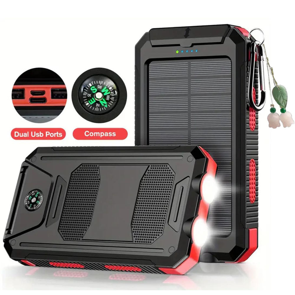 Solar Power Bank, 50000mAh Dual-USB Charger with Solar Panel, Dual LED Flashlights, Compass and Four Colors
