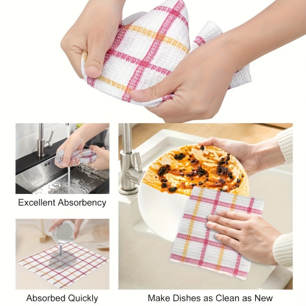 Twelve-Piece Waffle-Weave Kitchen Dishcloth Set, 12 x 12 Inches Each with Mixed Plaid Colors