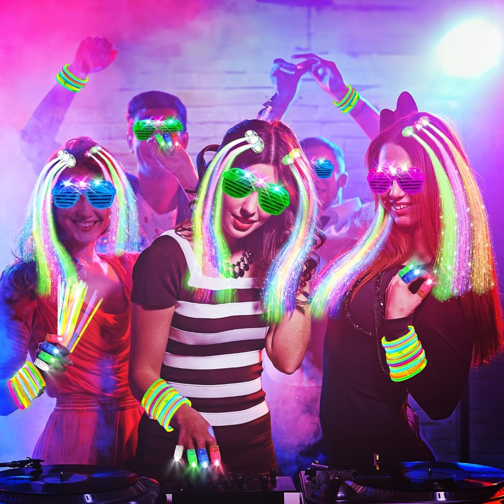 Neon Glow Accessory Party Supplies Set with 120 Pieces including Glasses, Rings, Sticks and Hair Clips