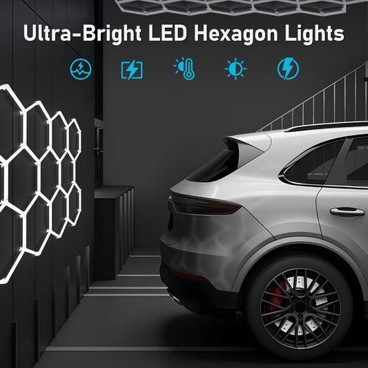 LED Hexagonal Garage Light 6500K – Super Bright Daylight White Shop Light 42W–620W for Auto Detailing, Warehouse, Workshop, Basement & Gym (1 to 32 Grids, Hex Frame Available)