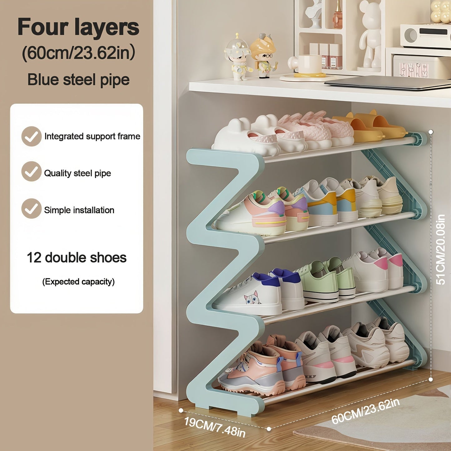 Four-Tier Z-Frame Shoe Rack with Metal Tubes in Graphite Black, Dawn Pink, Gray or Breeze Blue