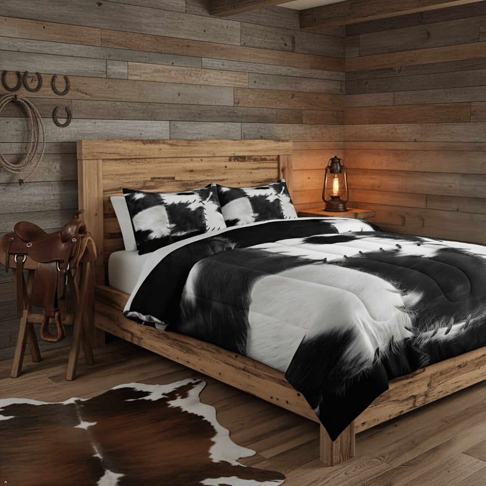 Western Cowhide Print Comforter and Pillowcase Set in Dark Gray with Twin, Full, Queen or King Sizes
