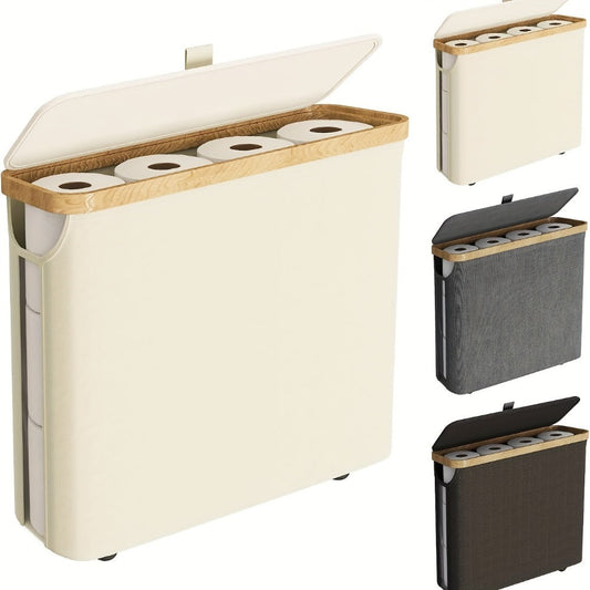Toilet Paper Storage Basket with Bamboo Lid – Large Capacity Holds 9-12 Rolls | 600D Oxford Cloth Dustproof Bathroom Organizer | Modern Farmhouse Tissue Roll Holder for Bathroom