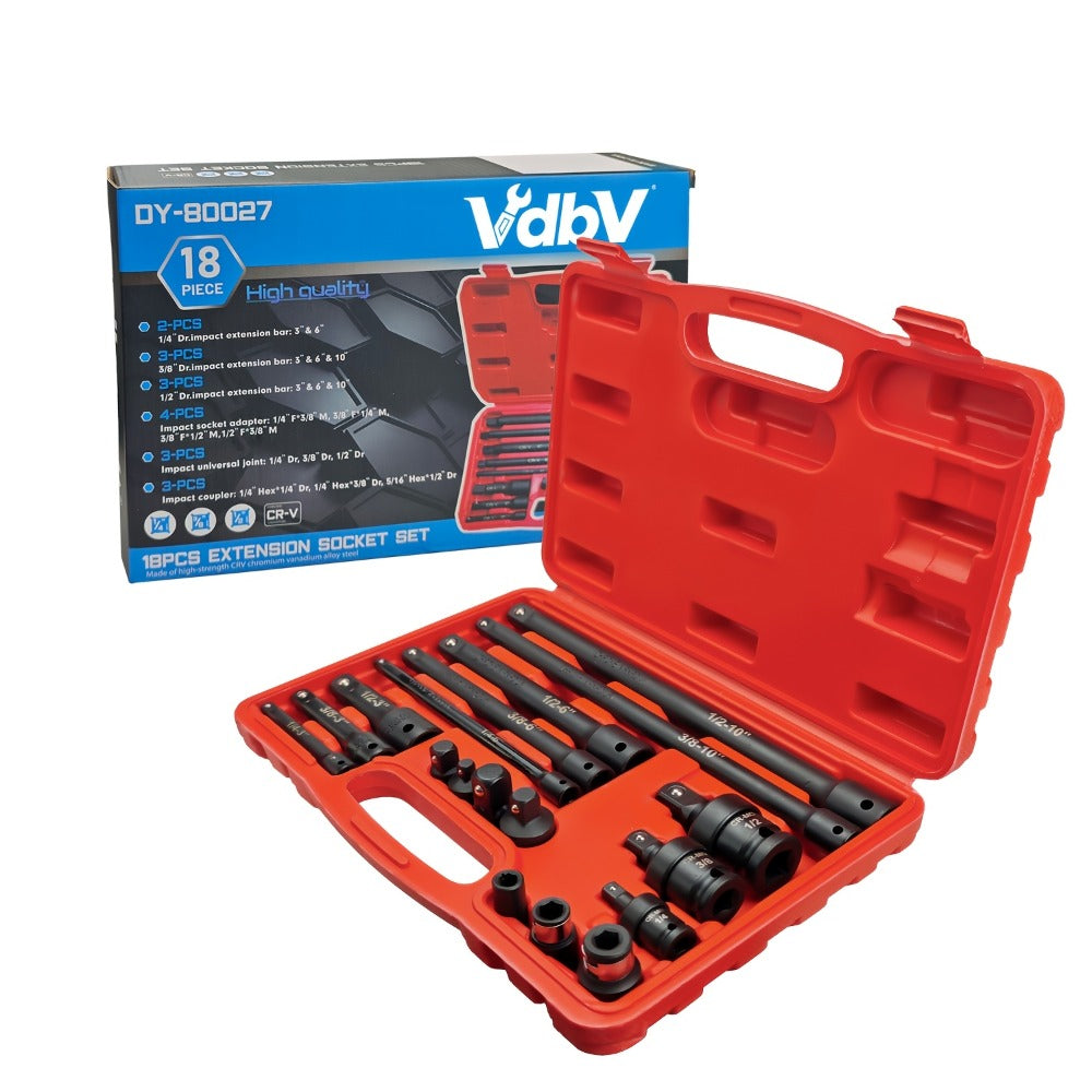 Socket Drive Accessory Kit 18-Piece – Socket Adapters, Extension Bars, Universal Joints & Impact Couplers Chrome-Moly Steel Professional Tool Set