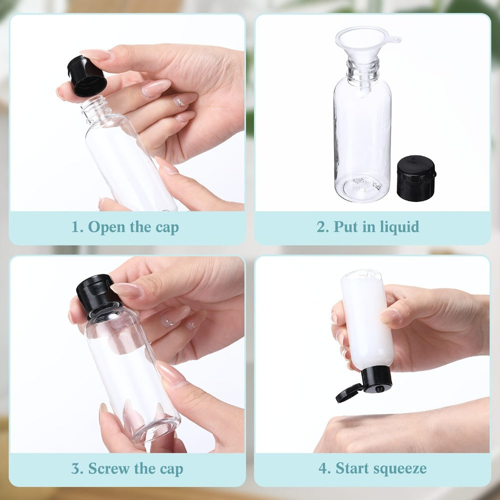 One Hundred Clear 2-Ounce Squeeze Bottles with Black Flip Caps and Two Pictured Filling Funnels