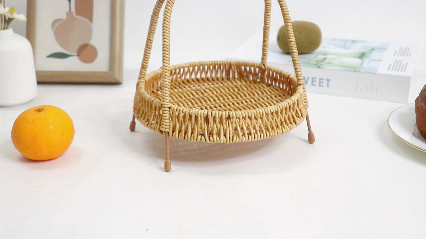 Wire Frame Storage Basket - Hand-Woven Imitation Rattan with Solid Iron Structure, Open-Top Organizer Bin for Fruits Shelf Kitchen Gifts, Rustic Farmhouse Style