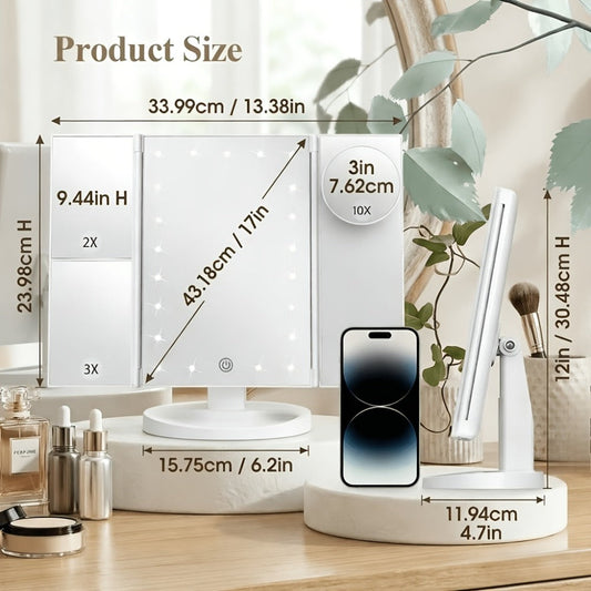 LED Tri-Fold Makeup Mirror with Touch Screen – 1X/2X/3X/10X Magnifying Vanity Mirror, Flexible Adjustable Base, Lighted Travel Mirror for Makeup Desk, Bedroom & Bathroom | Gift for Women