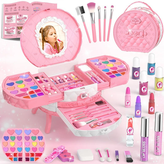 Girls Makeup Set with Dressing Table & Mirror - Princess Pretend Play Vanity Toy for Kids Ages 3-12, Birthday Christmas Halloween Gift for Girls