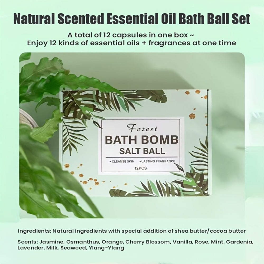 Bath Bombs, 12-Piece Extra-Large Gift Box with Assorted Colors, Labeled Scents and Forest Bath Ball Option