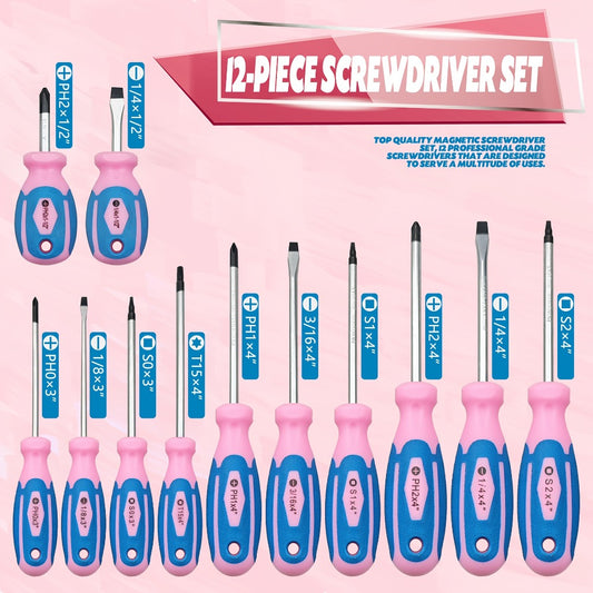 Magnetic Screwdriver Set 12-Piece Pink | Slotted Phillips Torx Tips, Ergonomic Handle, DIY Home Office Garage Tool Kit, Unique Gift for Women & Girls