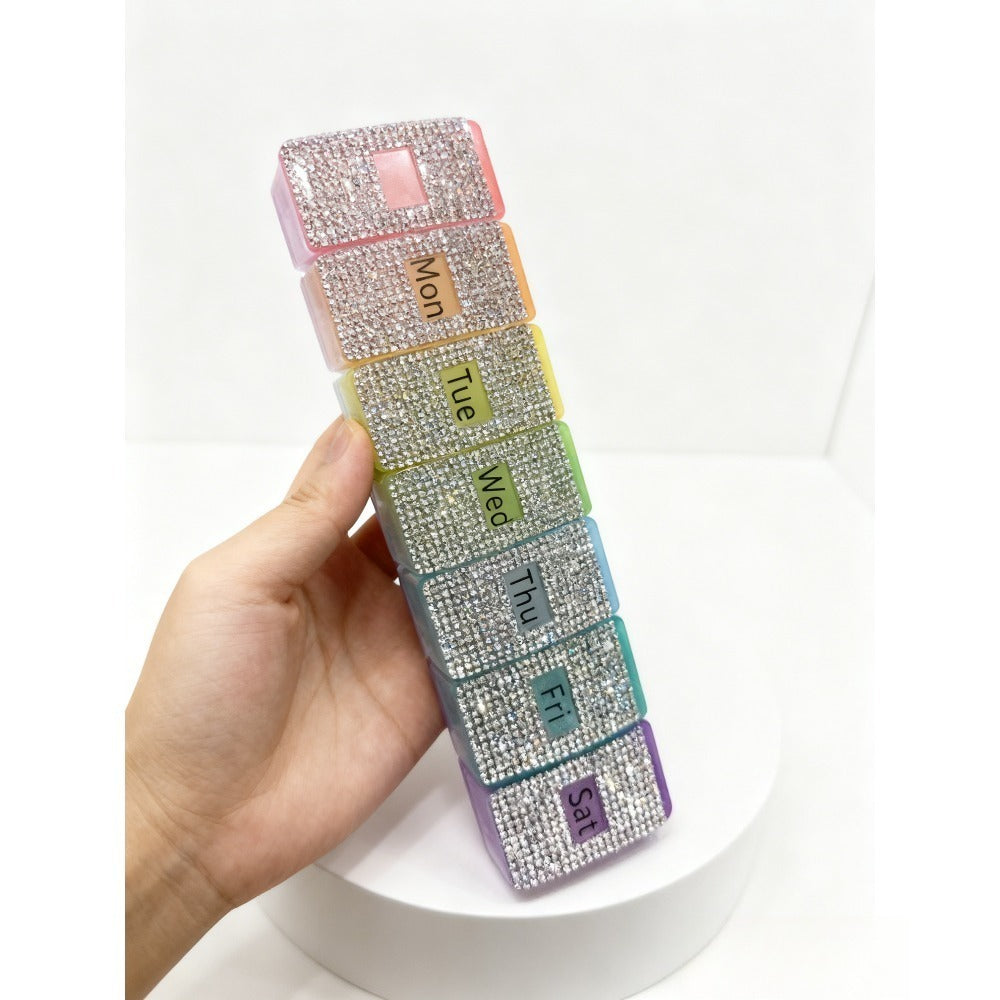 Rhinestone Weekly Pill Organizer with Seven Color-Coded Day Compartments in Slim Rectangular Case