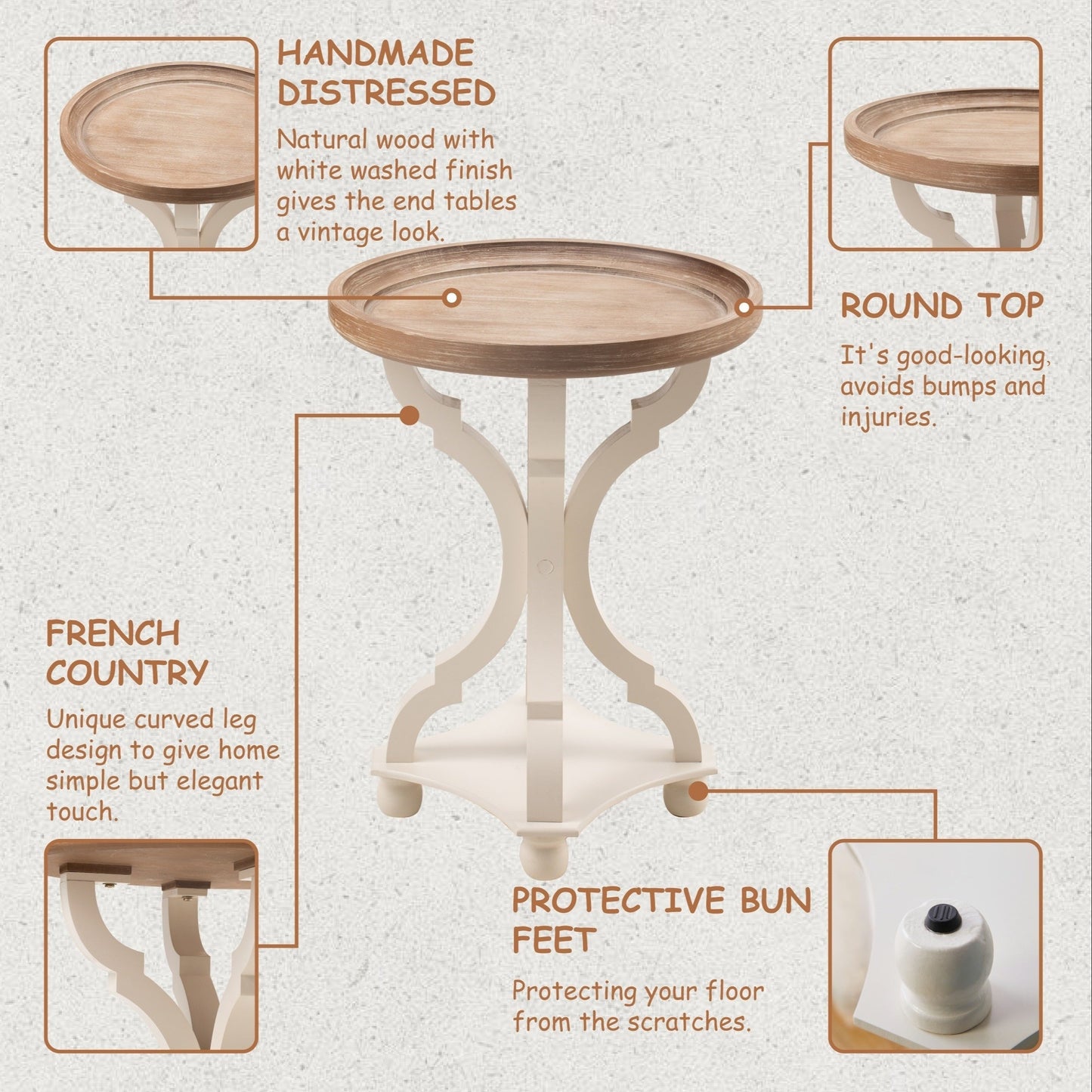 Side Table Rustic Raised-Tray Accent Design with Distressed Wood-Like Finish in Square or Round Shape