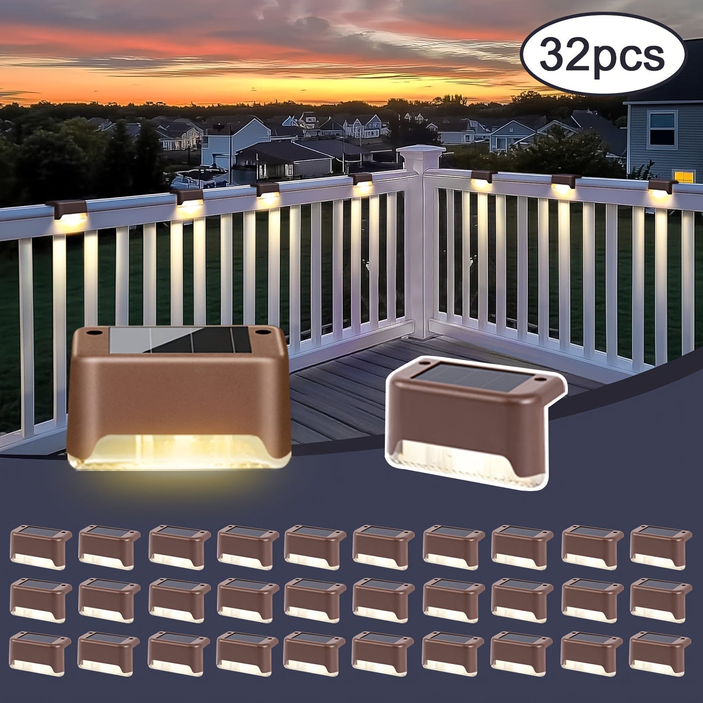 Solar Deck and Step Lights, 8- to 32-Piece Packs in Black, White or Brown with Integrated Panels