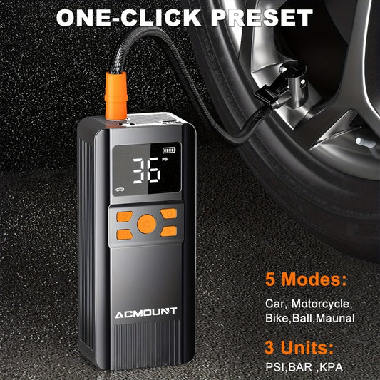 Portable Tire Inflator Cordless Air Compressor – 150PSI Fast Inflation, 5000mAh Rechargeable Battery, Digital Pressure Gauge, LED Light, 4+ Modes for Car Bike Motorcycle Sports Balls