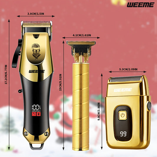 Professional Hair Clipper Set for Men – 3pcs Golden Cordless Kit with Beard Trimmer & T-Blade Trimmer, Hair Cutting & Styling Tools, Ideal Birthday & Father’s Day Gift for Men