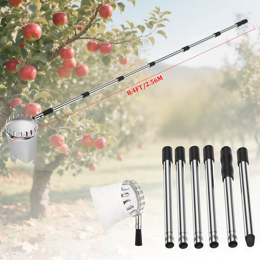 Fruit Picker Stainless Steel Adjustable Extension Pole - Tall Tree Orchard Picking Tool with Non-Slip Handle for Apples, Avocados, Peaches, Pears, Lemons, Cherries & Plums - 63 to 157 Inch