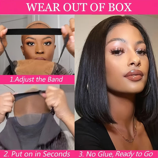 Bob Wig Human Hair 250% Density 4x4 HD Lace Straight Glueless Pre Cut Pre Plucked Wear and Go Natural Black for Women Daily Wear Party Music Festival 8 10 12 14 Inch