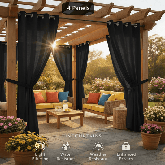 Sheer Curtains for Patio Outdoor – Grommet Top, 4 Panels, Light Filtering, UV & Water Resistant, Privacy Drapes for Pergola, Gazebo, Porch, Backyard, Beige Black Gray White Silver Taupe