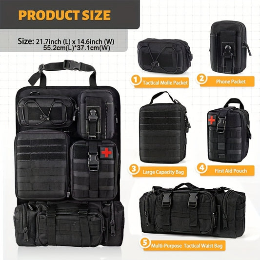 MOLLE Car Seat Back Organizer - 5 Detachable Pouches, 6 Keychains, Tactical Vehicle Panel Organizer for Jeep Truck SUV, Multipurpose Hanging Travel Gear Organizer, Universal Fit, Black