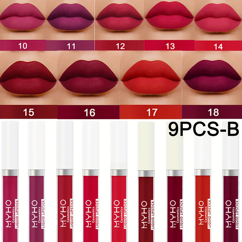Lip Gloss Set by MYHO Cosmetics with 9 Matte Lip Colors per Set and Two Retained Shade Collections