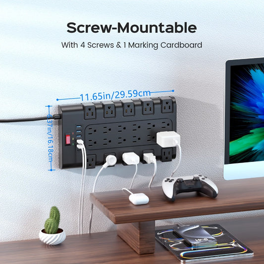 Gaming Room Surge Protector Power Strip 28-in-1 with 22 AC Outlets 6 USB Ports 24W 2100 Joules 1875W 15A Flat Plug Wall Mount Switch 5 7 13ft Extension Cord for Home Office Dorm Gaming Setup – Black