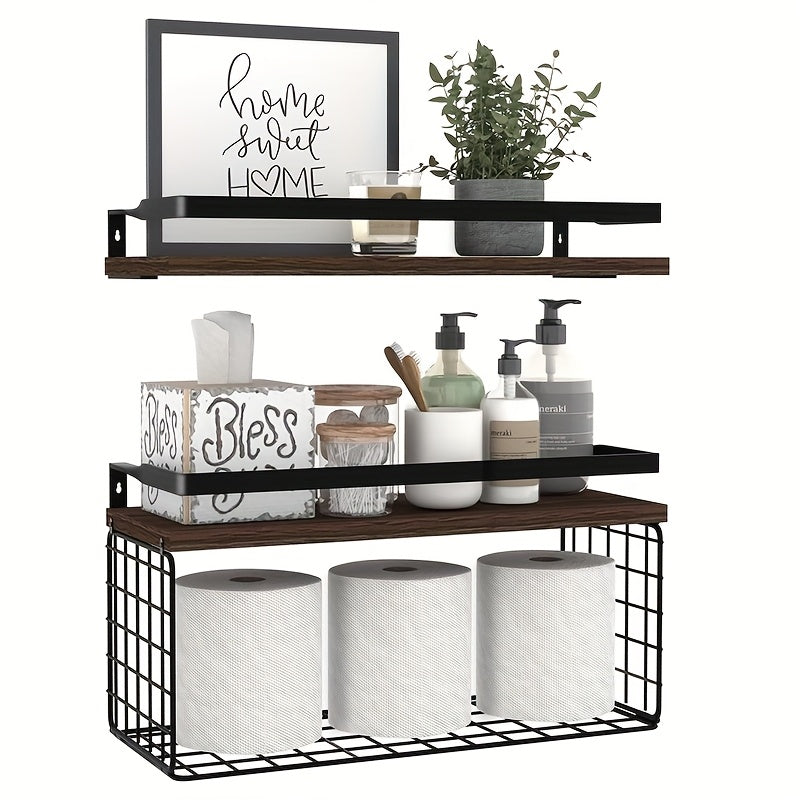 Rustic Wall-Mounted Shelf Sets in Two- or Four-Piece Configurations with Wood Platforms and Black Metal Storage Racks