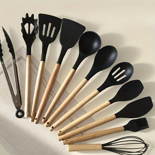 Silicone Cooking Utensils Set 35-Piece with Holder Rack Wooden Handle Heat Resistant Kitchen Tools for Non-Stick Pans – Complete Kitchen Utensil Set in Multiple Colors