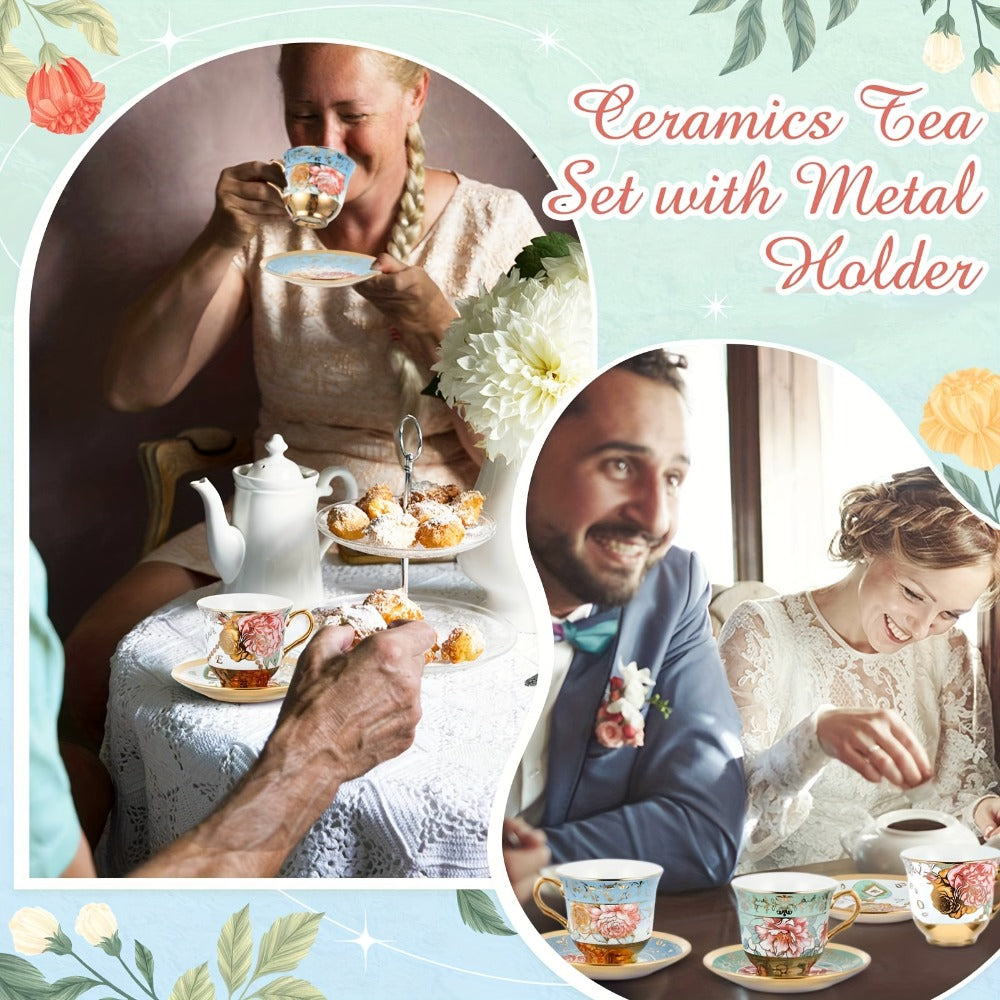 Twelve-Piece Floral Tea Cup and Saucer Set with Six 5.4-Ounce Cups and Six Matching Saucers