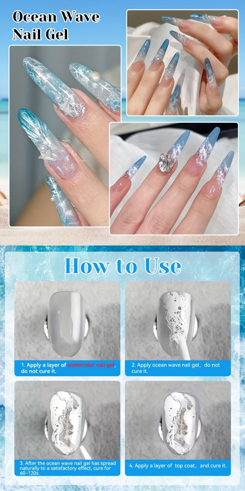 Gel Nail Polish NICOLE DIARY 2-Piece Watercolor and Ocean-Wave Set with Two 15ml Bottles for DIY Art