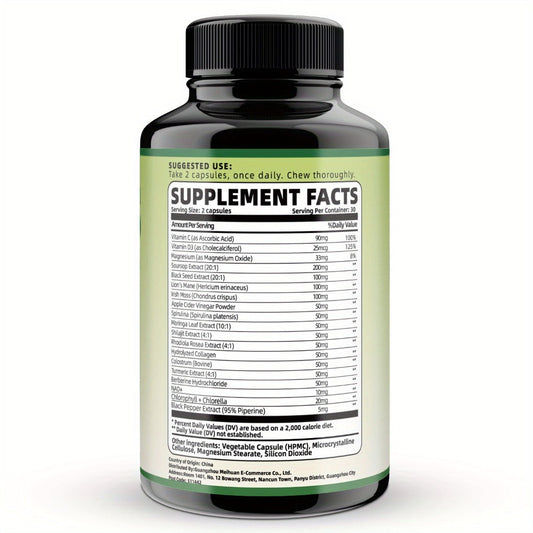 Soursop Graviola Capsules 24-in-1 Herbal Blend — Turmeric Spirulina Sea Moss Vitamin D3 Bitter Leaf | Immune Defense Antioxidant Gut Energy Support | 60 Capsules Per Bottle