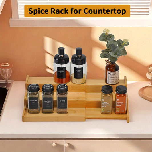 Bamboo Spice Rack Expandable 3-Tier Ladder Rack for Kitchen Cabinet Countertop Storage Organizer Pantry Shelf Display Stand for Spices Jars Bottles