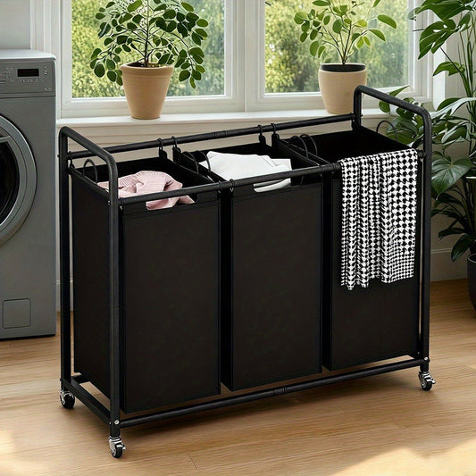 3-Bag Laundry Sorter Cart 63.4 Gallon – Rolling Hamper with Lockable Wheels & Removable Bags, Heavy-Duty Fabric Laundry Basket for Bedroom & Laundry Room, Black Gray Beige Brown