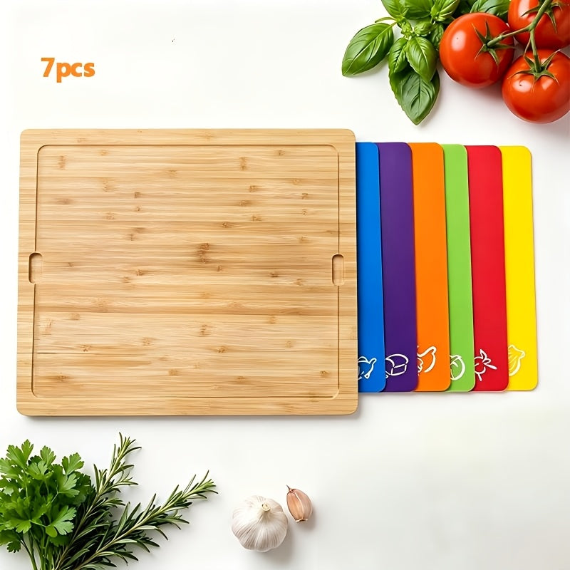 Bamboo Cutting Board Set with Six Color-Coded Flexible Prep Mats and One-Piece or Seven-Piece Options