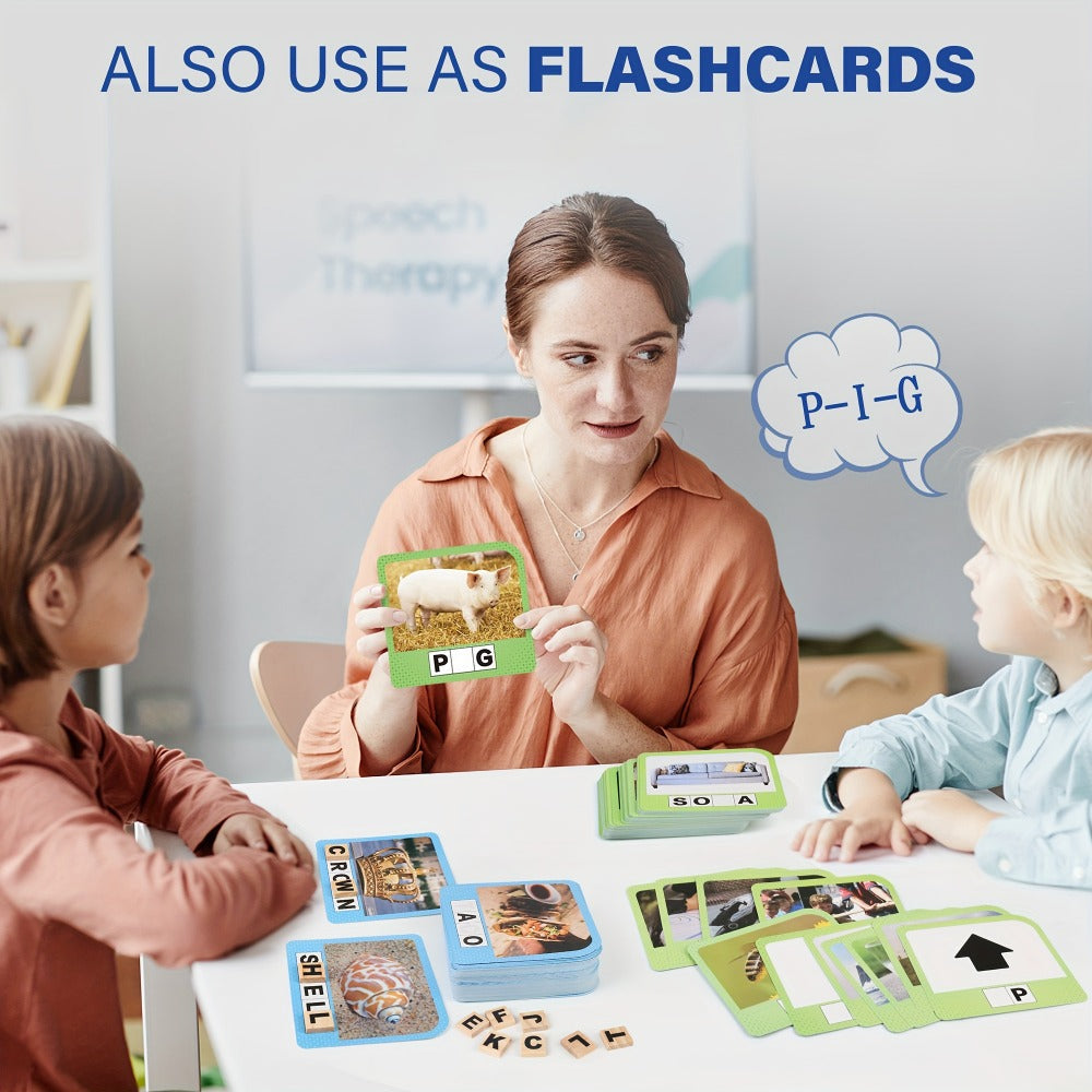 Spelling Word Game with 224 Picture Flash Cards, 208 Wooden Letter Tiles and Two Dice for Ages Four Plus