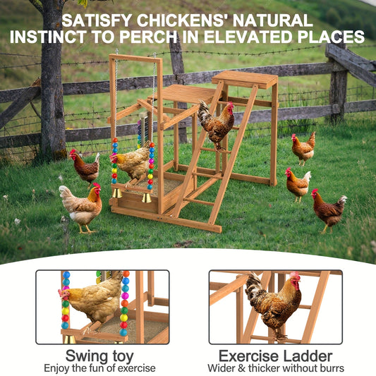 Chicken Coop Toy Activity Play Stand with Perches Swing Ladder Feeder Xylophone Bell Natural Wood Poultry Enrichment Gym for 3-4 Chickens Hens Roosters Macaws