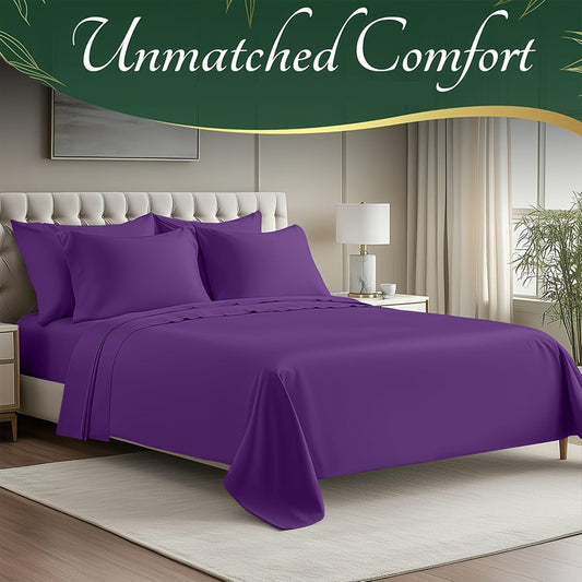 Cooling Bamboo Bed Sheet Set 6pcs Ultra Soft Deep Pocket 17 Inch Double Stitching Breathable Sheets for Hot Sleepers Twin Full Queen King