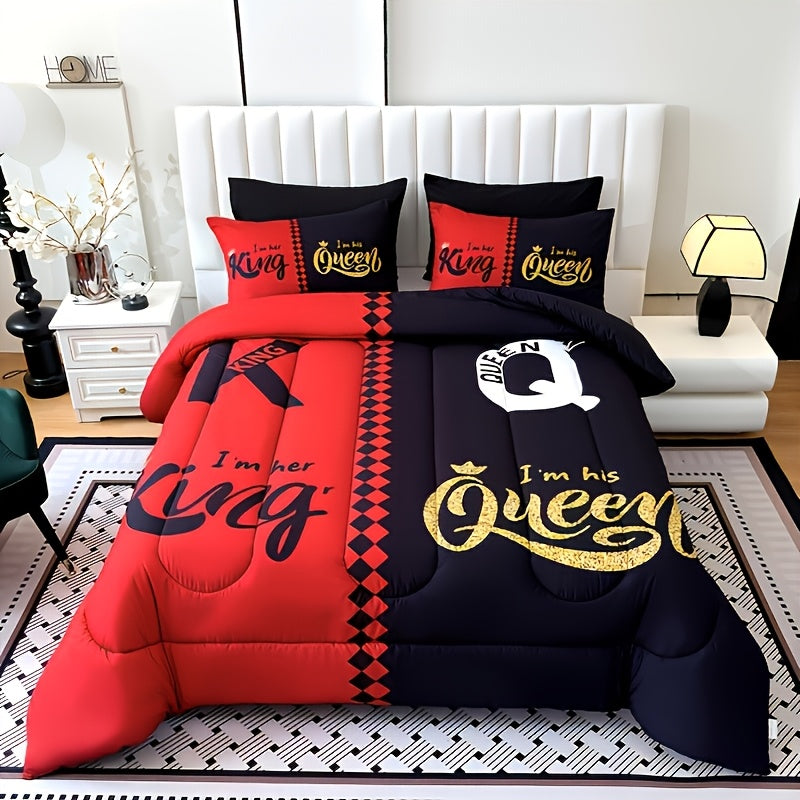 King and Queen Crown Print Comforter Set in Black or Red with Twin, Full, Queen and King Sizes