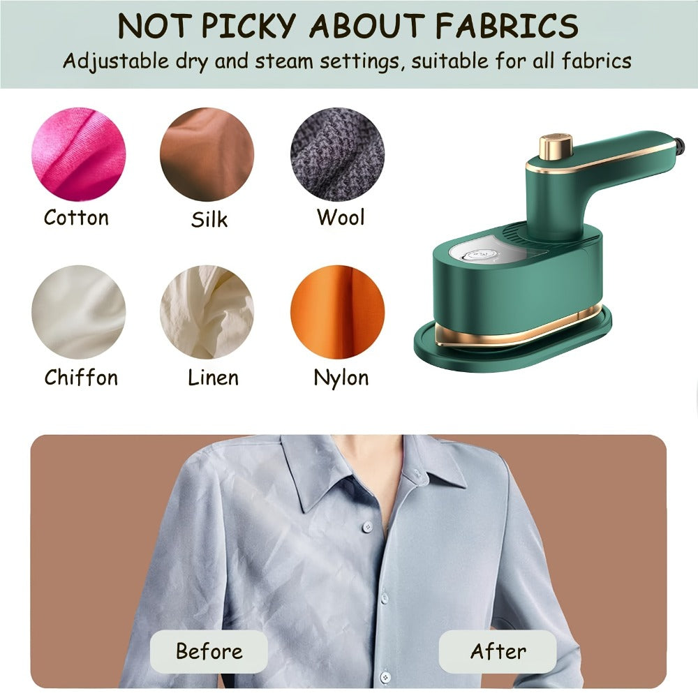 Compact Garment Steamer and Dry Iron in Green, Approximately 7.3 x 4.9 x 3.9 Inches with Ceramic Panel Marking