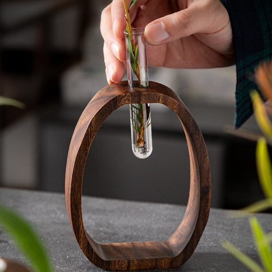 Hydroponic Planter Set 4pcs Walnut Wood & Glass Vase Aerated Root Vertical Aquatic System Desk Decor Home Office Space-Saving