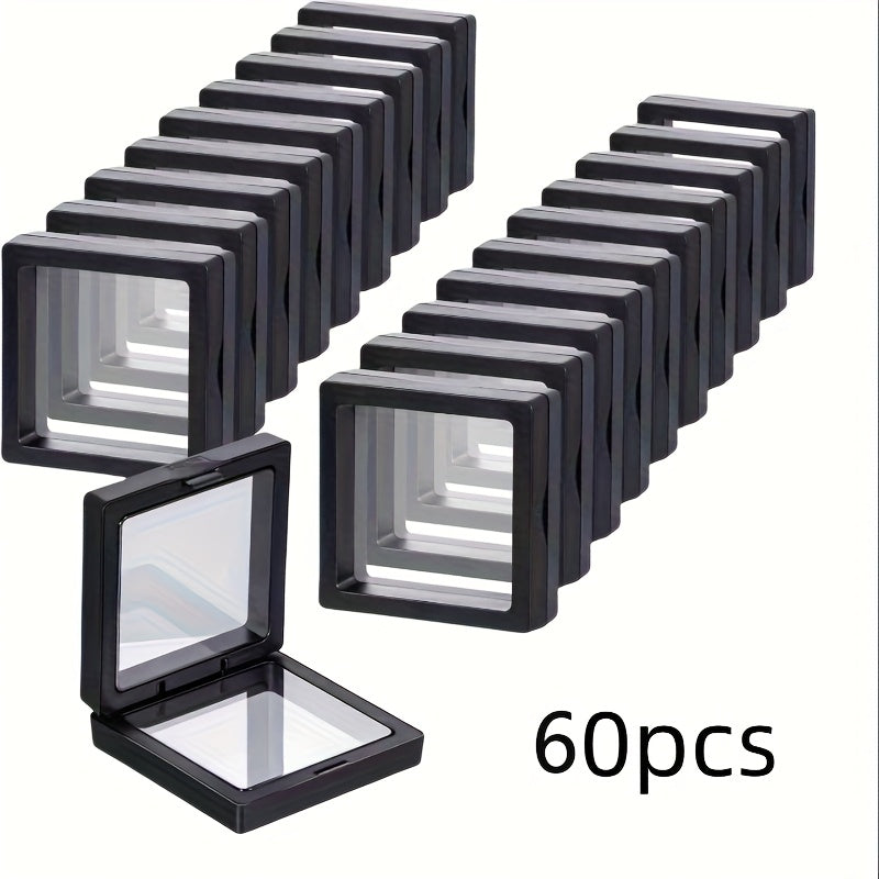 3D Floating Jewelry Display Box Bulk Set | Black Plastic Frame Clear Acrylic Panel Fabric-Lined Organizer for Jewelry Coins Collectibles – Secure Clasp Closure – 30 or 60 Pieces