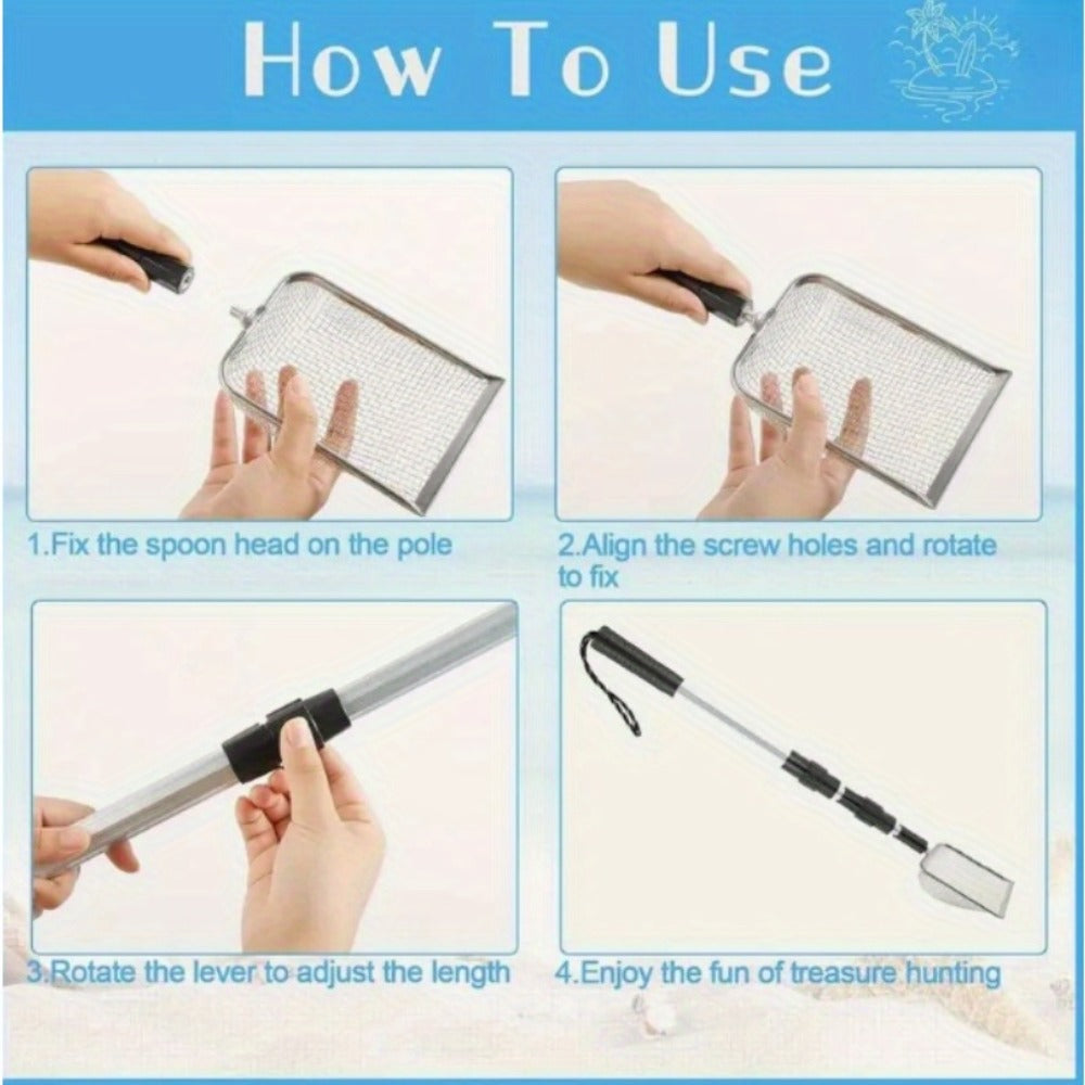 Three-Section Telescopic Beach Sand Sifter with Rectangular Mesh Basket, Wrist Strap and Retractable Handle