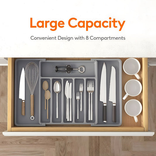 Silverware Organizer Adjustable Drawer Organizer | Utensil & Cutlery Storage Tray for Kitchen Drawer | Expandable Knife Fork Spoon Holder 22.4" x 15" x 2" | Kitchen Organization & Storage in Black Grey White