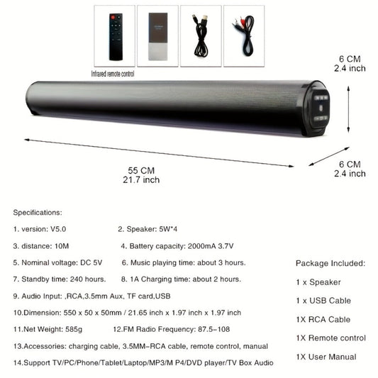 Home Theater Surround Sound System 5.2 Channel – Wireless Subwoofer Dual Air Ducts Bass Boost, TV Soundbar Stick with Remote Control, Rechargeable Battery & Type-C Charging, Complete Speaker Set