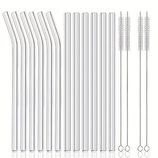 Glass Straws Set 12 Pack with Cleaning Brushes - Reusable Borosilicate Heat Resistant Drinking Straws for Smoothies Coffee Tea Milkshakes Mason Jars