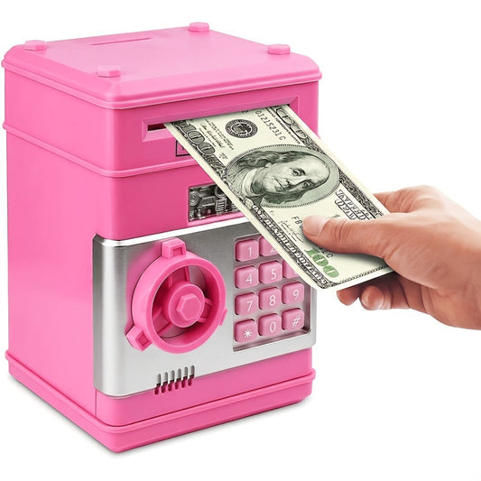 Electronic ATM Piggy Bank for Kids – Digital Coin & Cash Money Bank with Password Lock, Holds 600 Coins or 100 Bills, Fun Savings Bank Toy Gift for Boys & Girls, Black or Pink