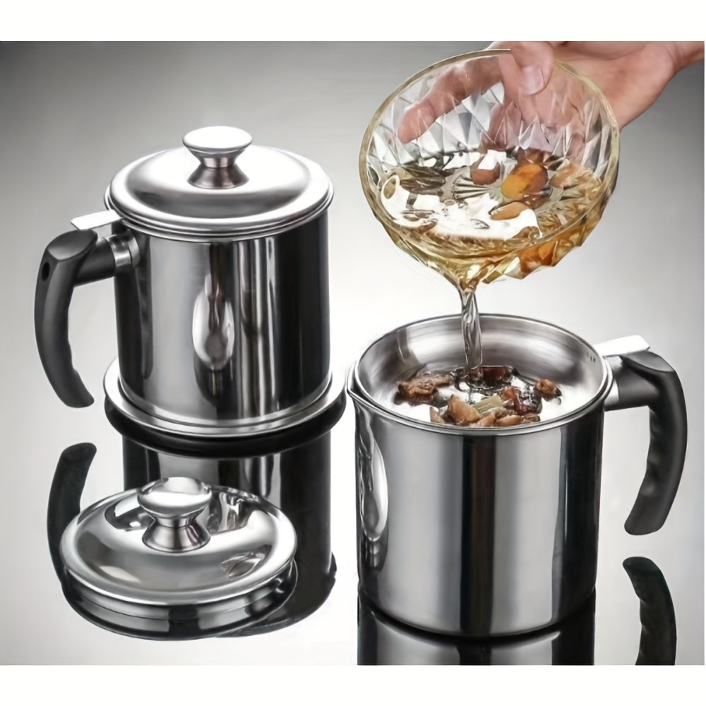 Grease Container with Strainer Stainless Steel - Kitchen Bacon Fat Storage Can with Easy Pour Handle for Cooking Oils and Fats