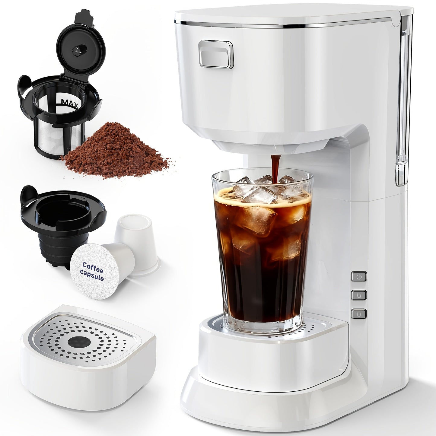 Compact Single-Serve Coffee Maker for Pods or Grounds with One-Button Control and Black or White Finish