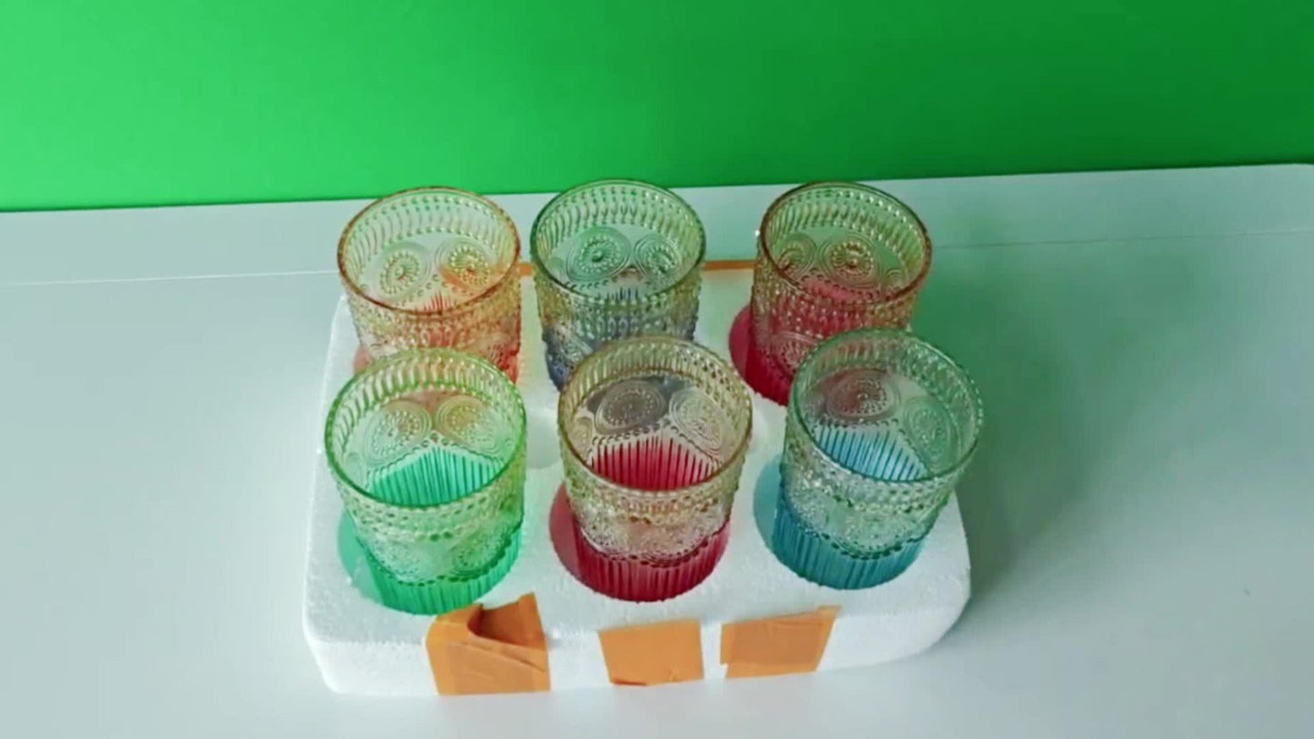 Vintage Embossed Drinking Glasses, Six-Piece 14-Ounce Tumbler Set in Six Gradient Colors for Table Settings