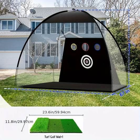 Golf Practice Net Set 10x7ft – Tri-Turf Mat, Target Design, 5 Balls, Tees & Storage Bag | Backyard Golf Training Net for Home Use