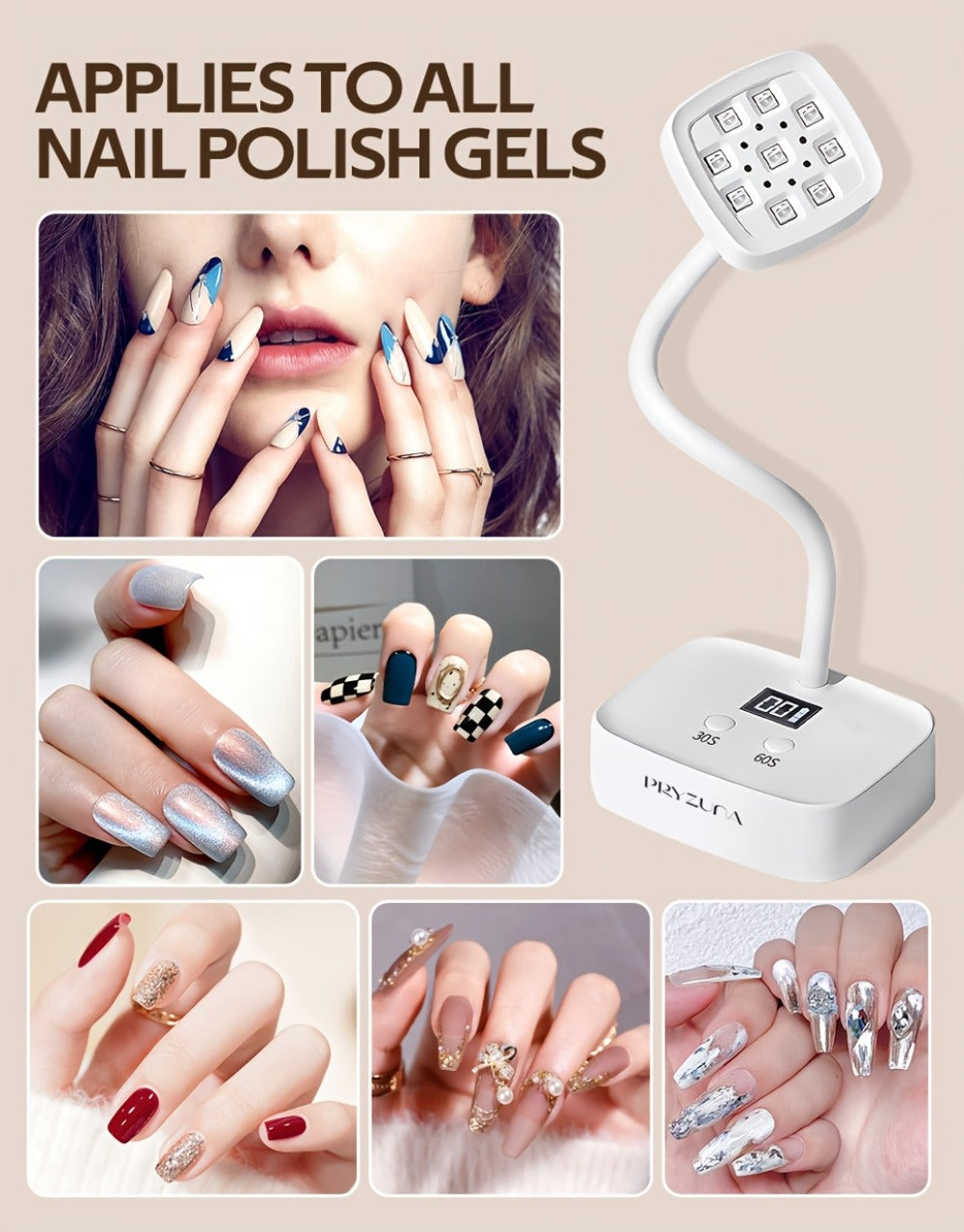 Gooseneck Stand LED Nail Lamp with Nine Dual-Light Beads, LCD Base, Two Timers and Type-C Charging